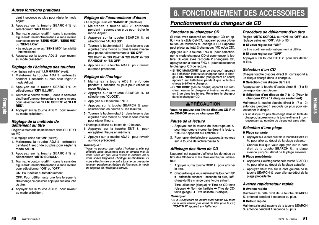 Clarion DXZ715 owner manual Fonctionnement du changeur de CD, Fonctionnement Des Accessoires, Pré Caution 