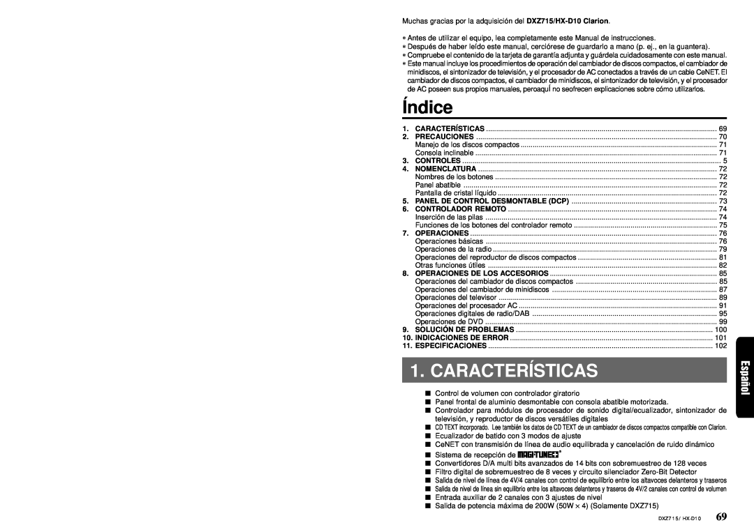 Clarion DXZ715 owner manual Índice, Características 