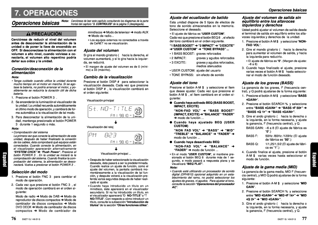 Clarion DXZ715 owner manual Operaciones bá sicas, Precaució N 
