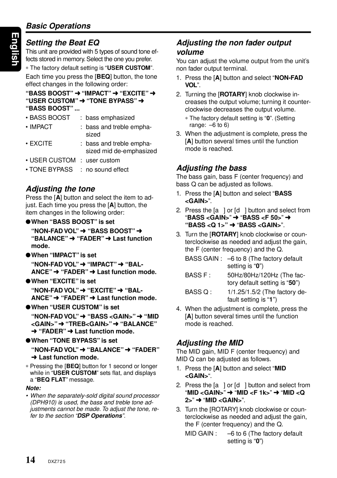 Clarion DXZ725 owner manual Volume, Adjusting the tone, Adjusting the bass, Adjusting the MID 