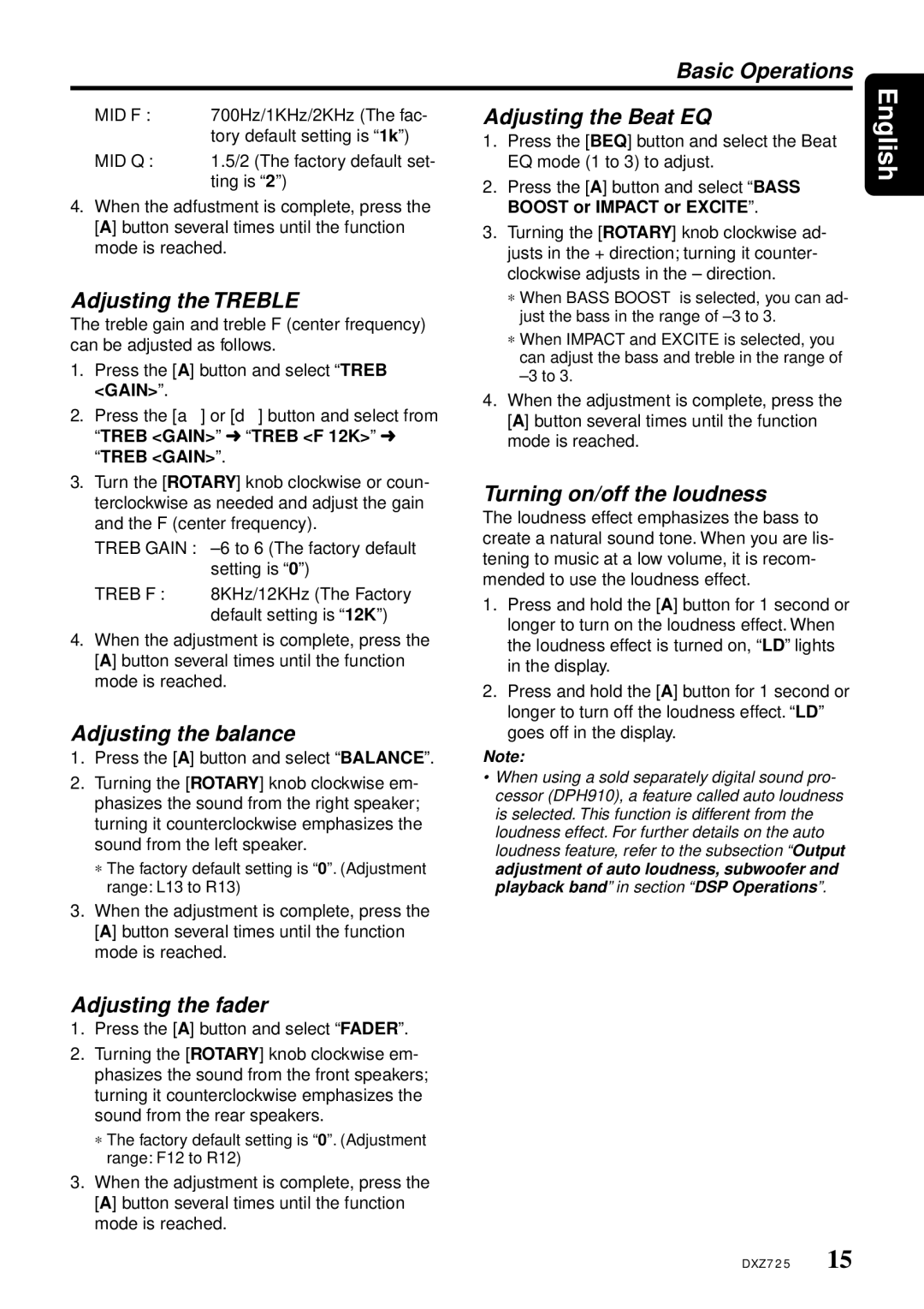 Clarion DXZ725 Basic Operations, Adjusting the Beat EQ, Adjusting the Treble, Adjusting the balance, Adjusting the fader 