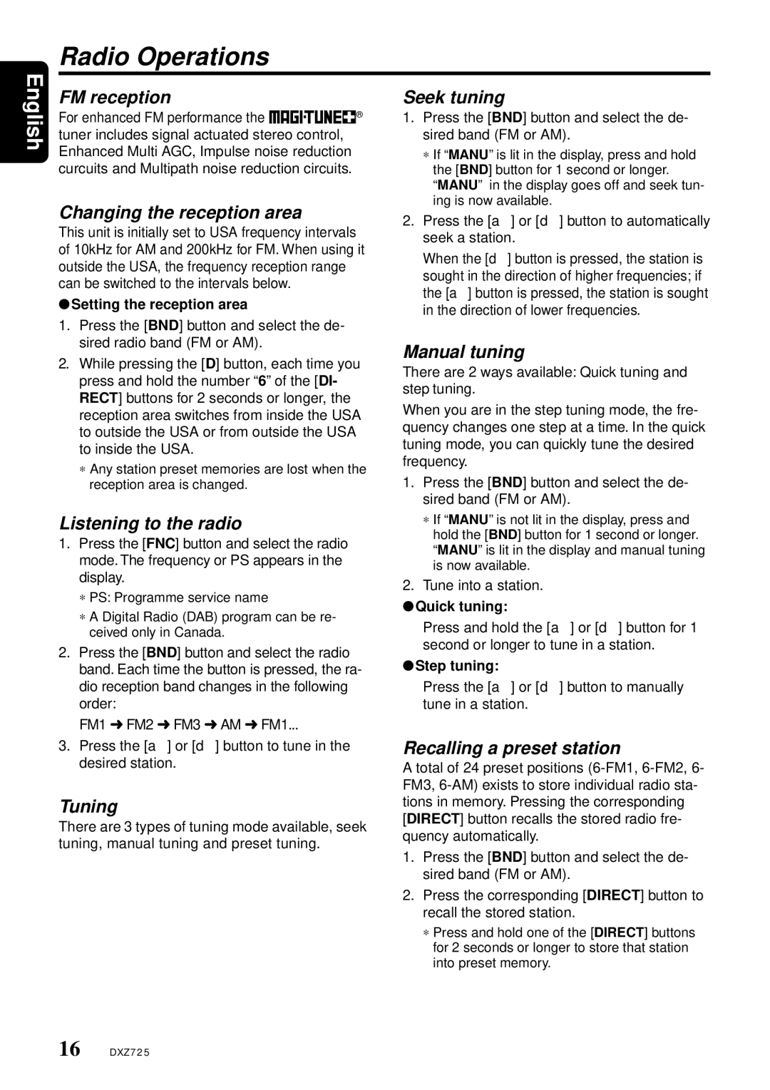 Clarion DXZ725 owner manual Radio Operations 