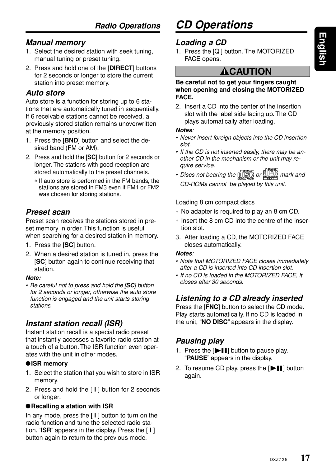 Clarion DXZ725 owner manual CD Operations 