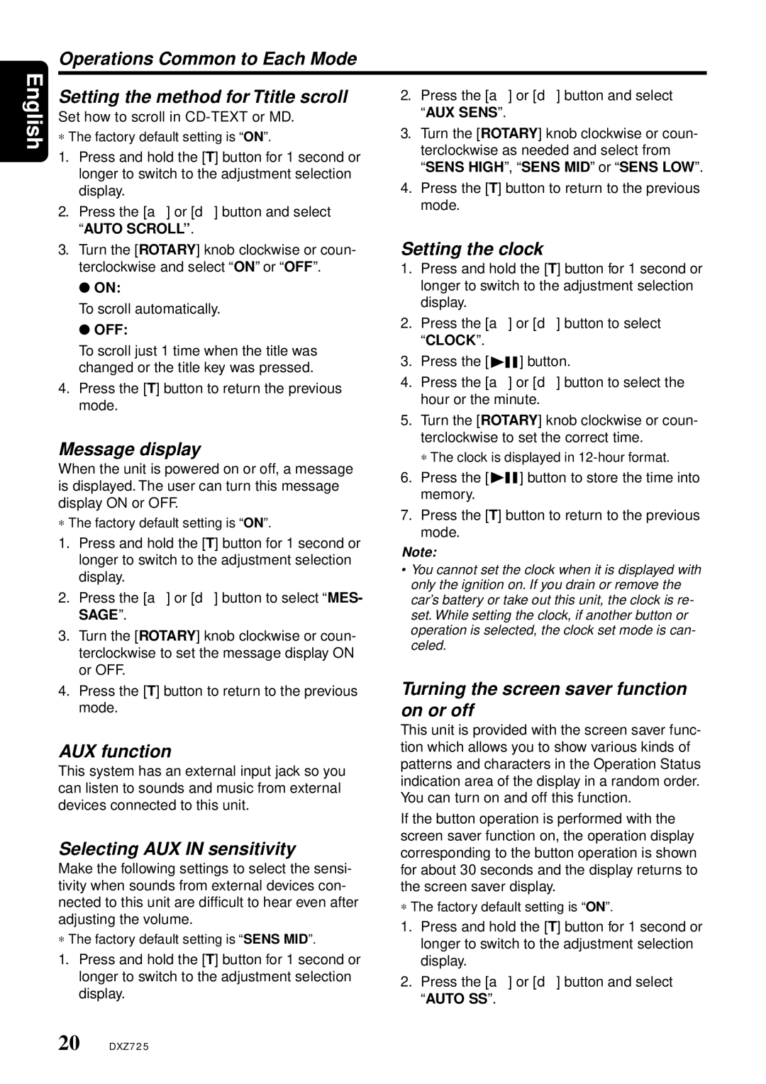Clarion DXZ725 Operations Common to Each Mode, Setting the method for Ttitle scroll, Message display, AUX function 