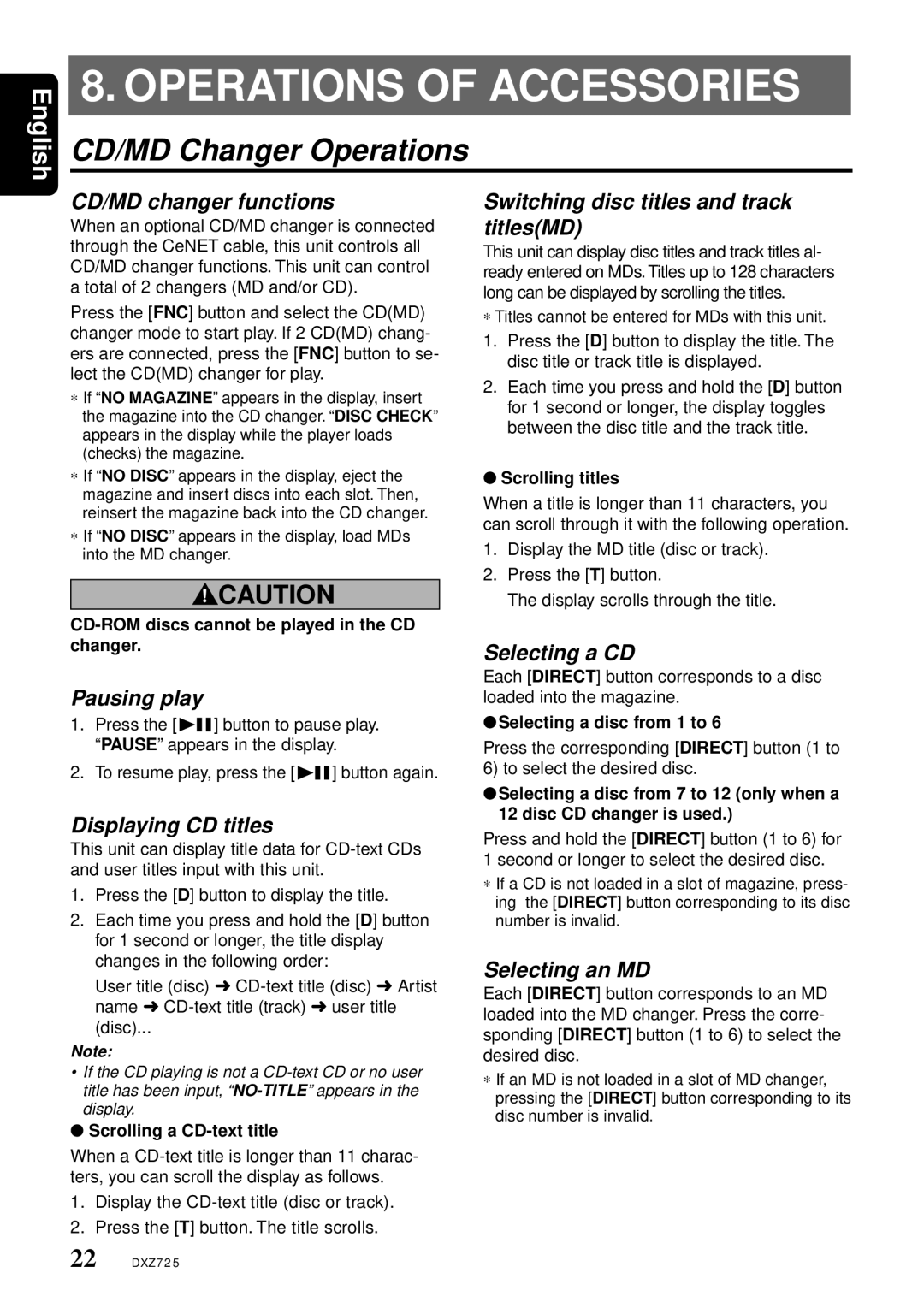 Clarion DXZ725 owner manual Operations of Accessories, CD/MD Changer Operations 