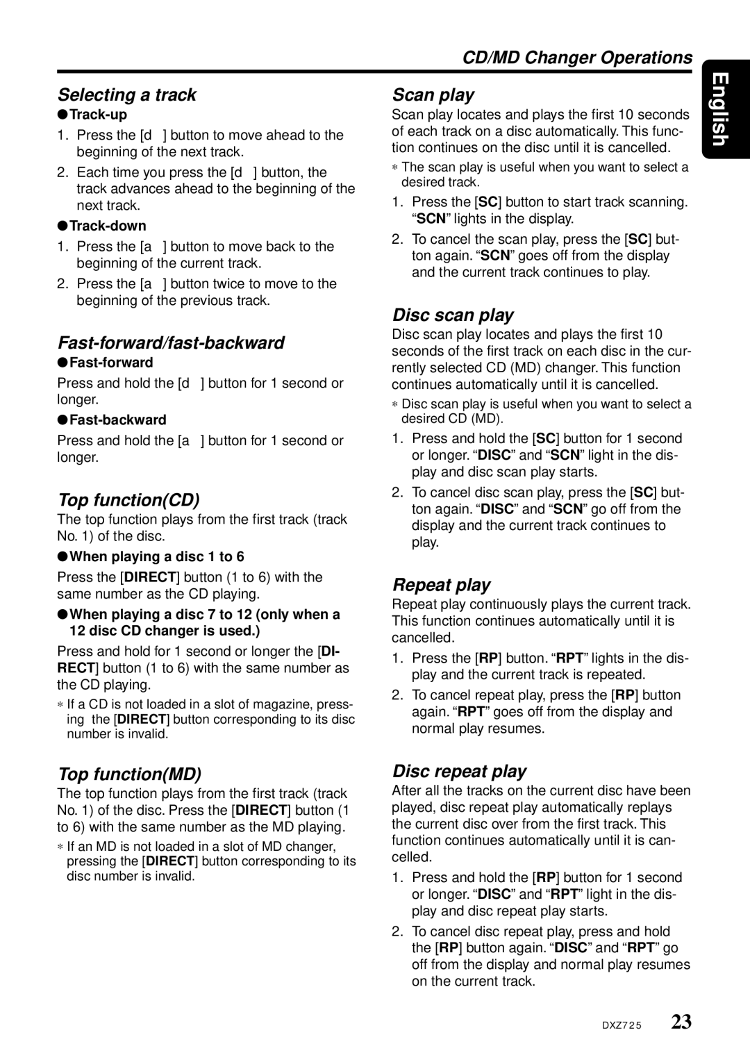 Clarion DXZ725 owner manual CD/MD Changer Operations Selecting a track, Disc scan play, Top functionCD, Top functionMD 