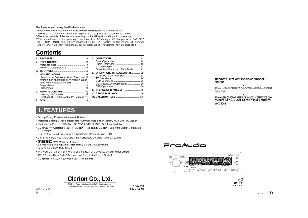 Clarion DXZ725 owner manual Features 