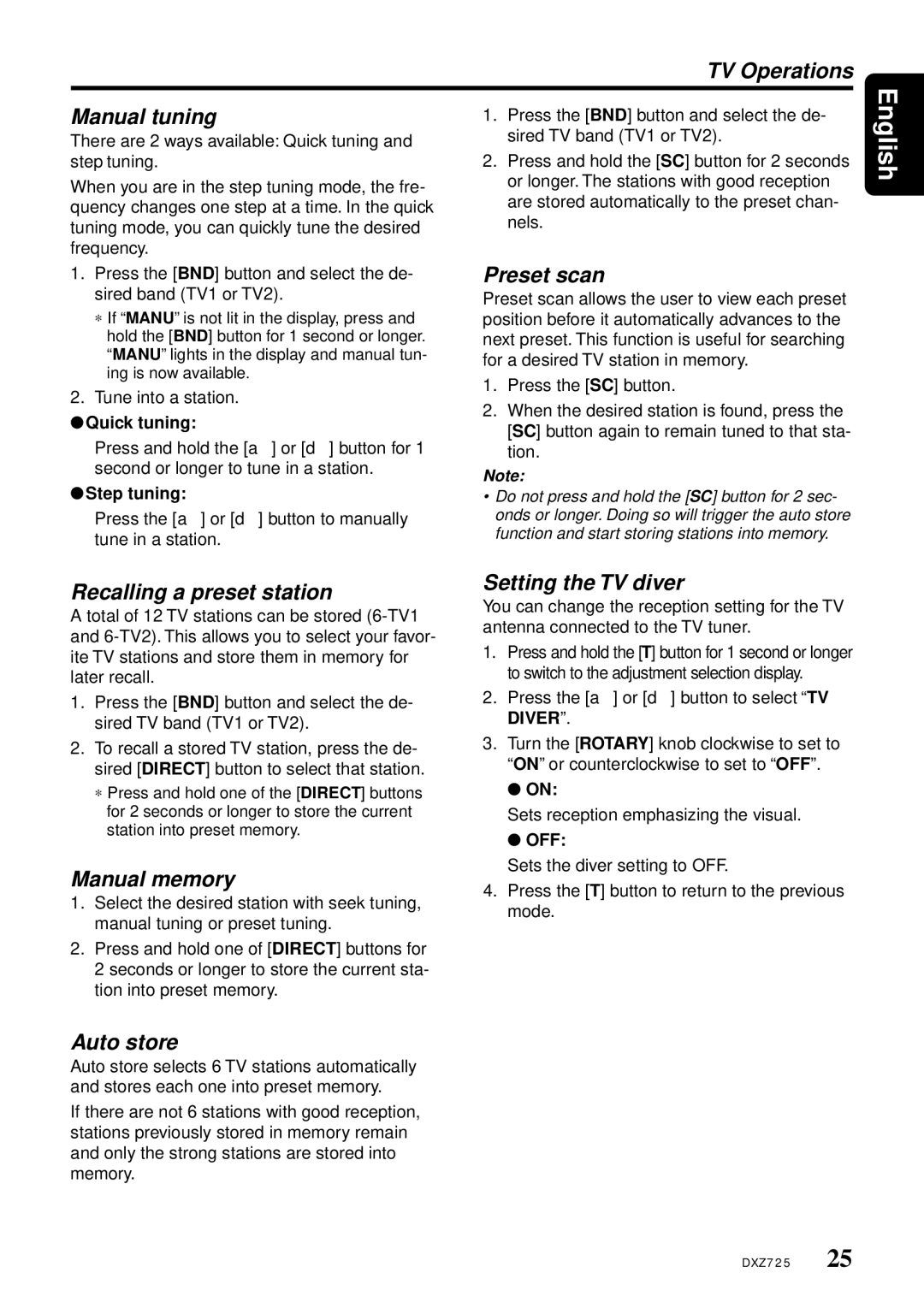 Clarion DXZ725 owner manual TV Operations Manual tuning, Setting the TV diver, Press the a or d button to select TV Diver 