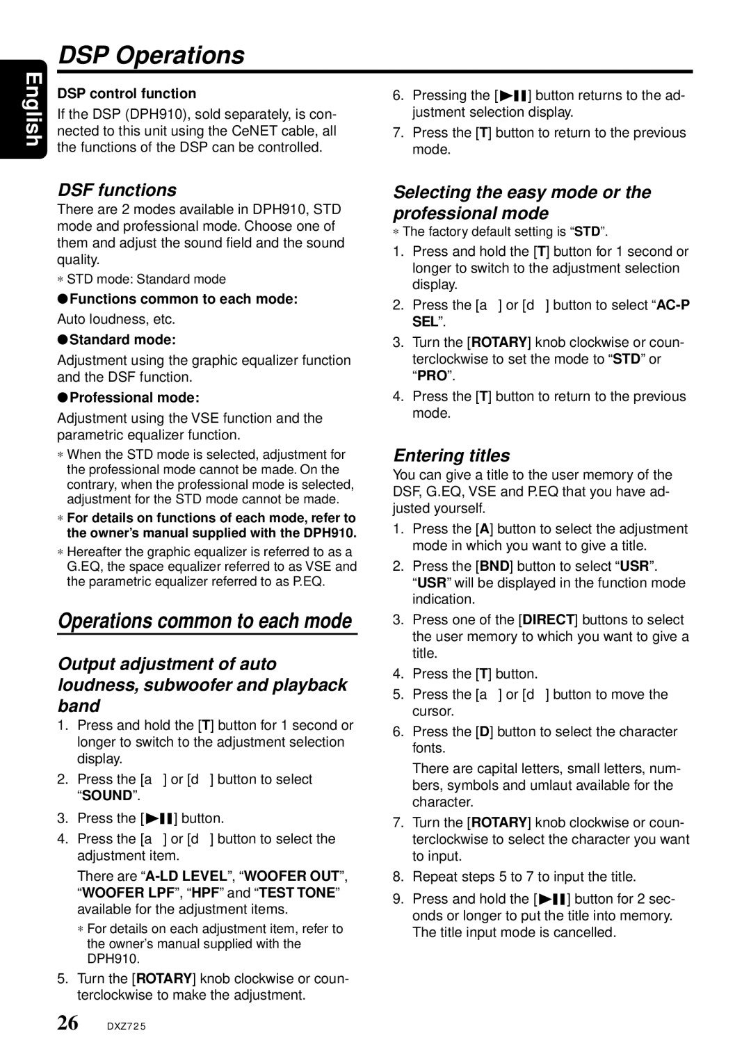 Clarion DXZ725 owner manual DSP Operations, DSF functions, Selecting the easy mode or the professional mode 