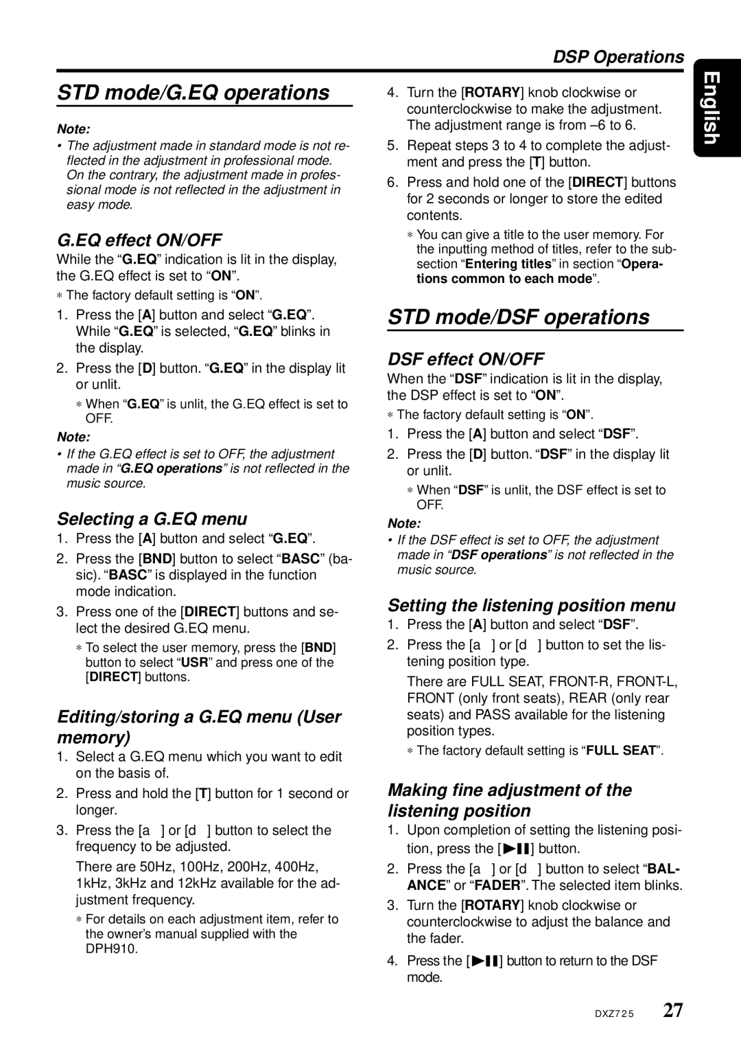 Clarion DXZ725 owner manual DSP Operations, EQ effect ON/OFF, DSF effect ON/OFF, Selecting a G.EQ menu 