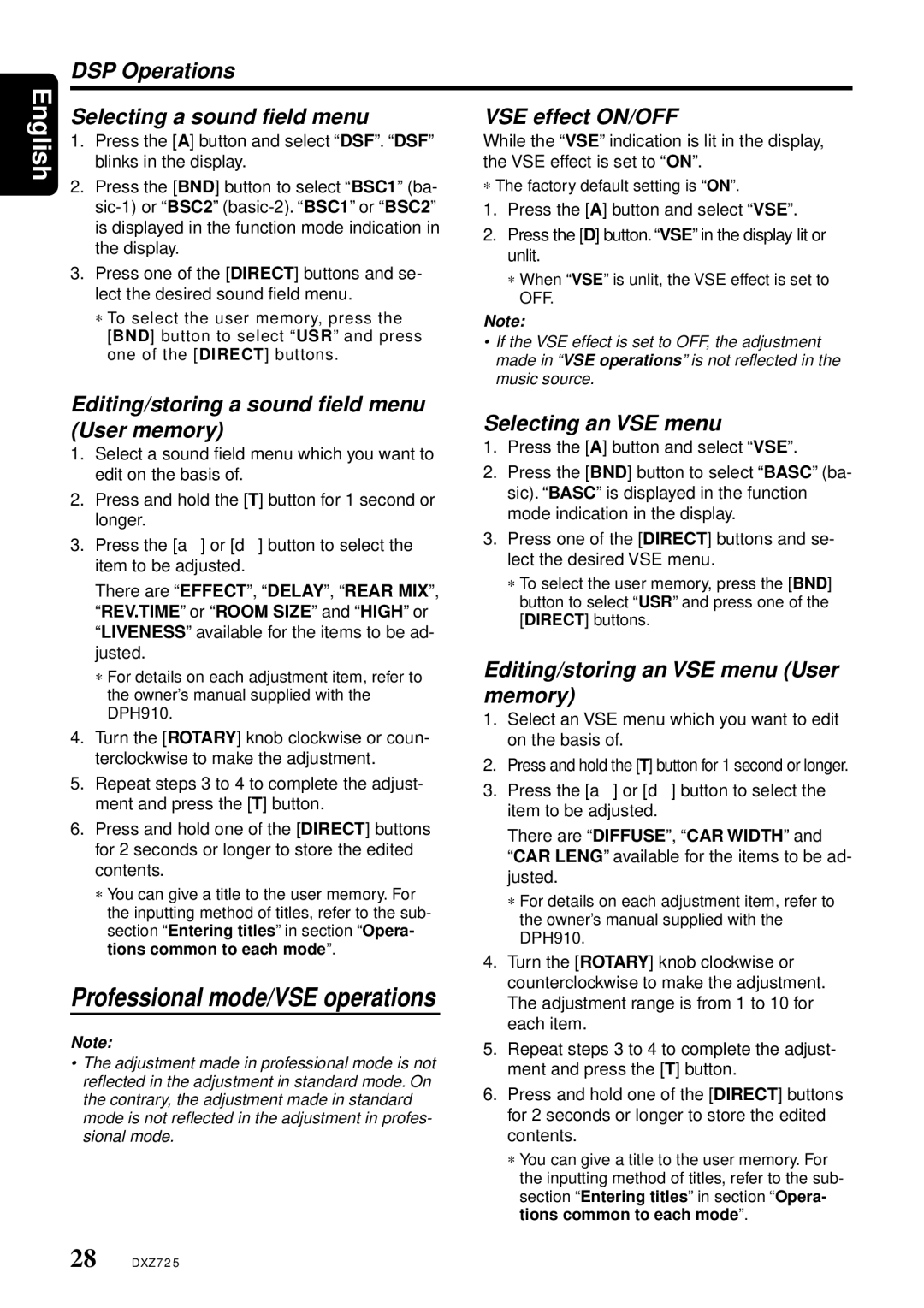 Clarion DXZ725 owner manual Editing/storing a sound field menu User memory, Selecting an VSE menu 