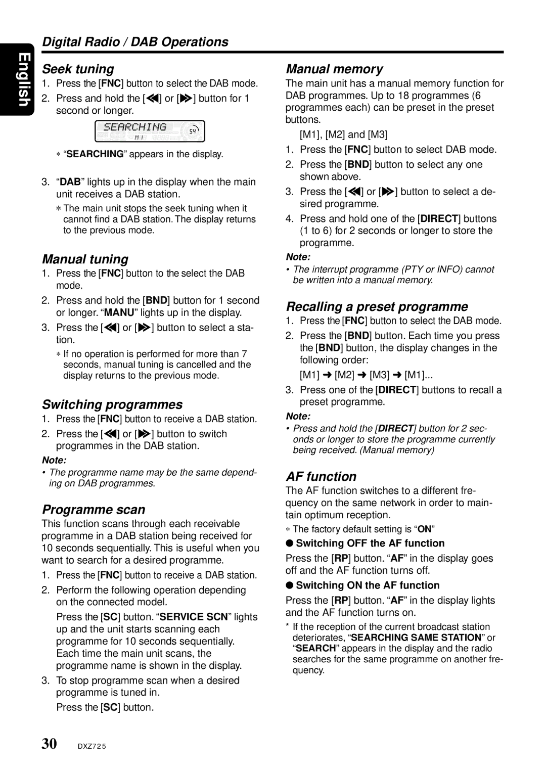 Clarion DXZ725 owner manual Digital Radio / DAB Operations Seek tuning, Switching programmes, Programme scan, AF function 