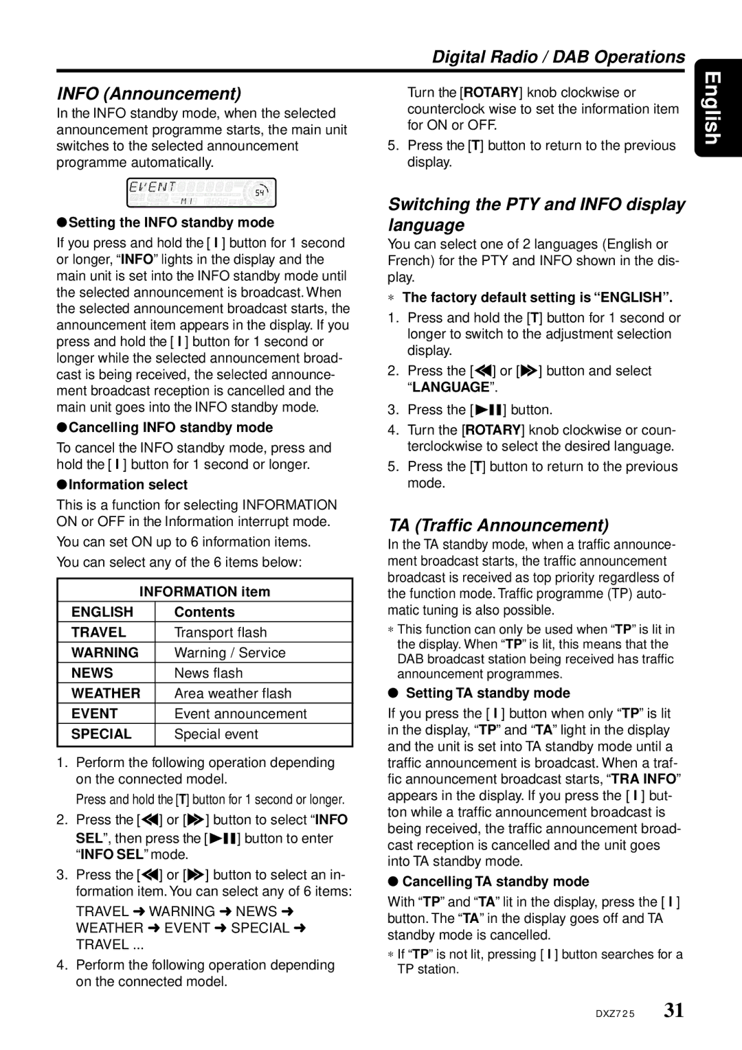 Clarion DXZ725 owner manual Digital Radio / DAB Operations Info Announcement, Switching the PTY and Info display language 