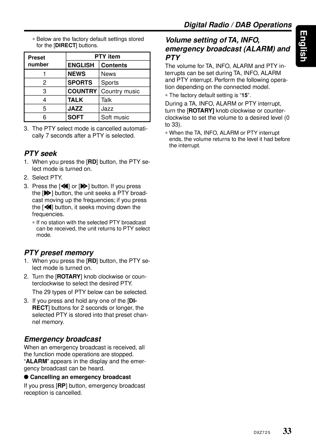 Clarion DXZ725 owner manual Volume setting of TA, Info, Emergency broadcast Alarm, PTY seek, PTY preset memory 