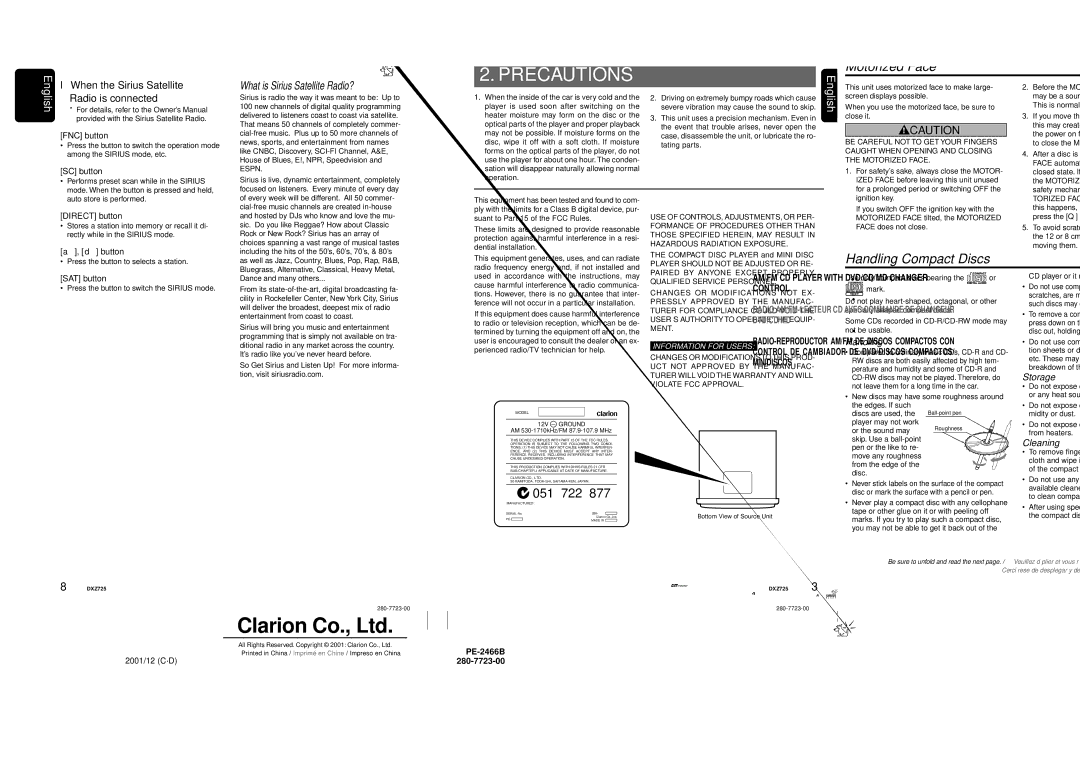 Clarion DXZ725 owner manual Precautions 