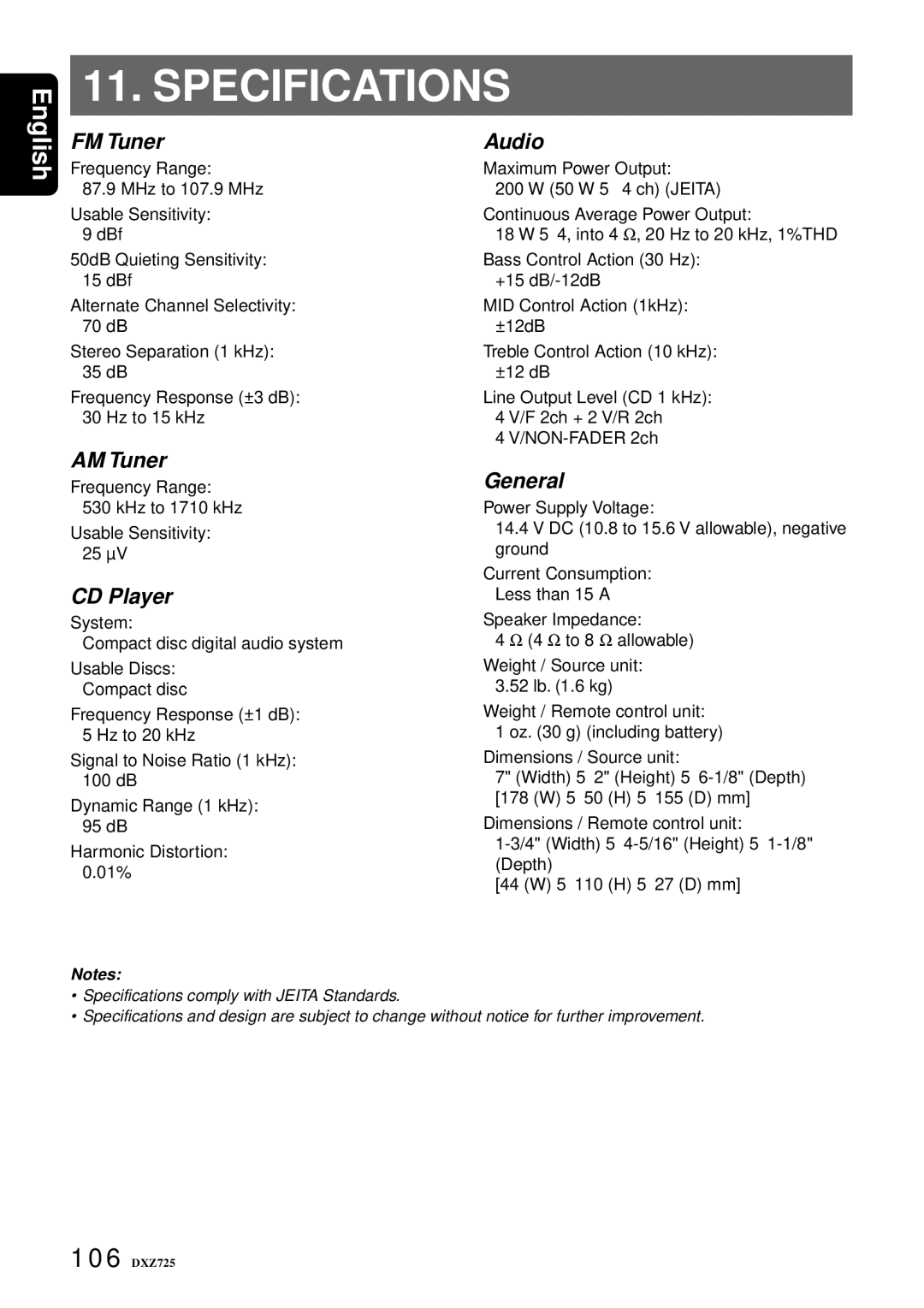 Clarion DXZ725 owner manual Specifications 