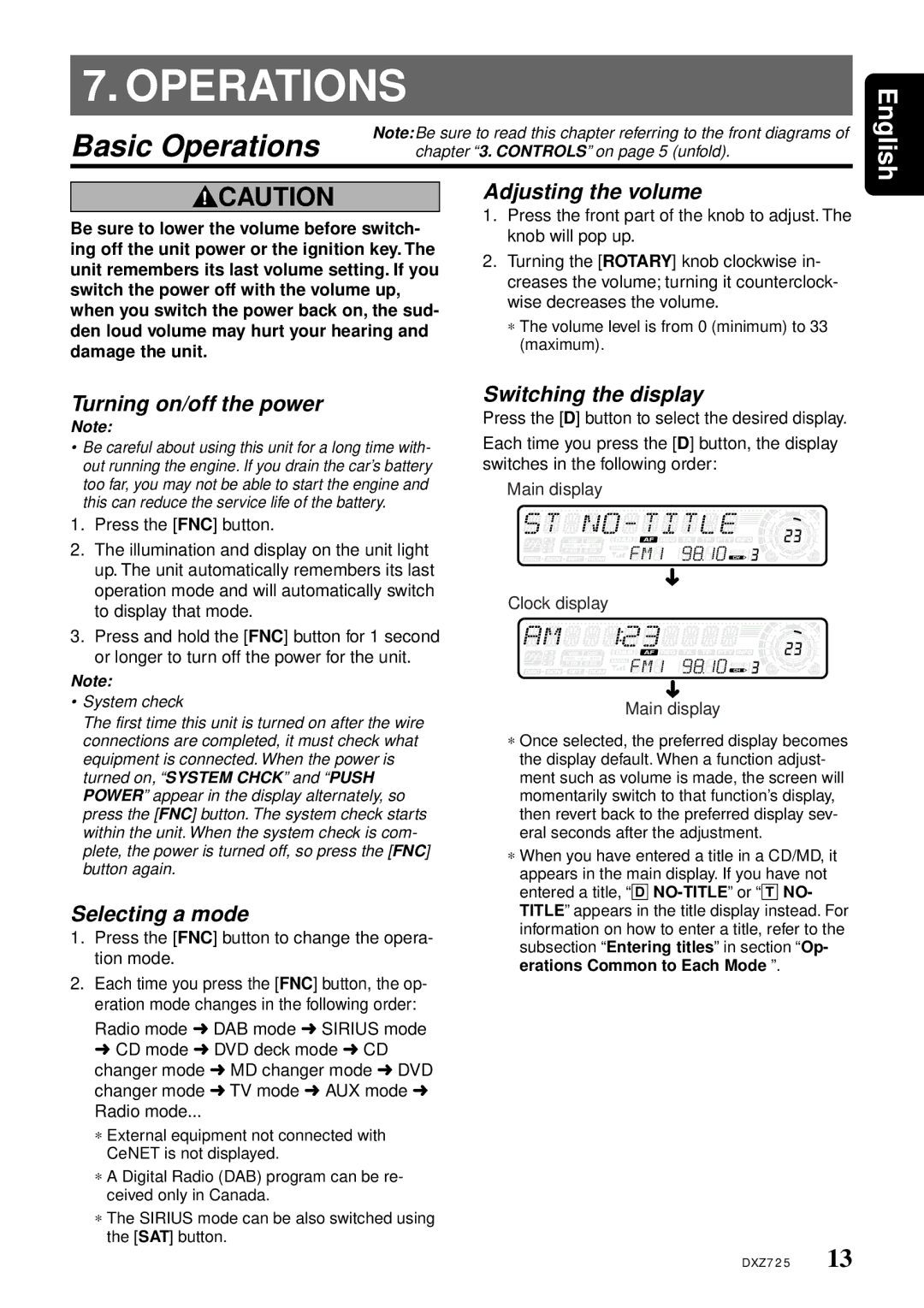 Clarion DXZ725 owner manual Basic Operations 