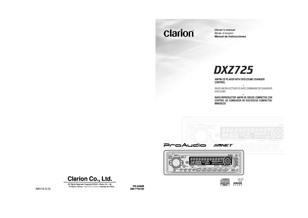 Clarion DXZ725 owner manual Manual de instrucciones, Mode d’emploi, Am/Fm Cd Player With Dvd/Cd/Md Changer Control 