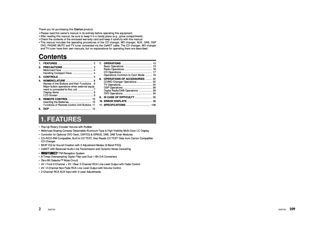 Clarion DXZ725 owner manual Contents, Features 