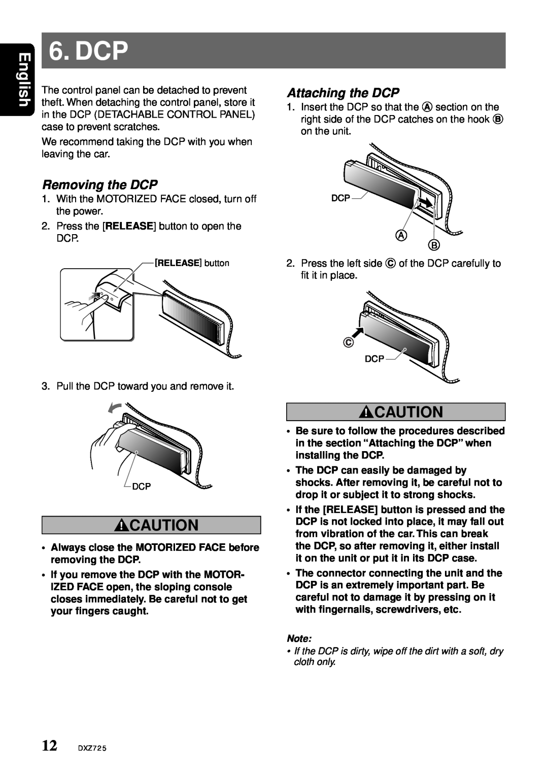 Clarion DXZ725 owner manual Dcp, English, Removing the DCP, Attaching the DCP 