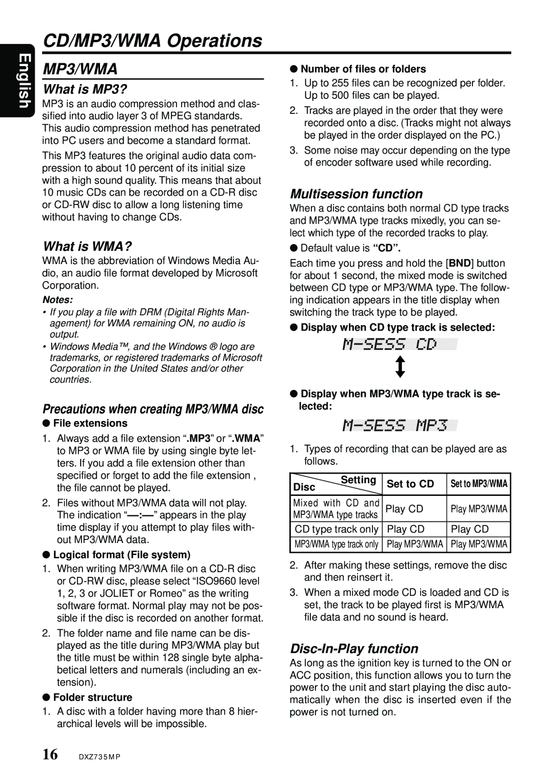 Clarion DXZ735MP CD/MP3/WMA Operations, What is MP3?, What is WMA?, Multisession function, Disc-In-Play function 