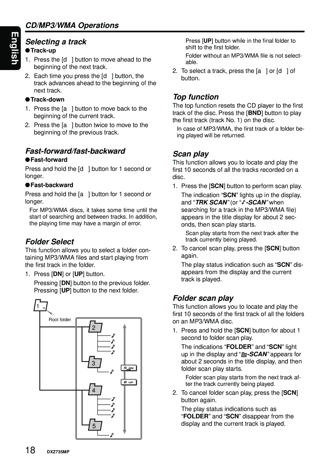 Clarion DXZ735MP CD/MP3/WMA Operations, Selecting a track, Top function, Fast-forward/fast-backward, Folder Select 