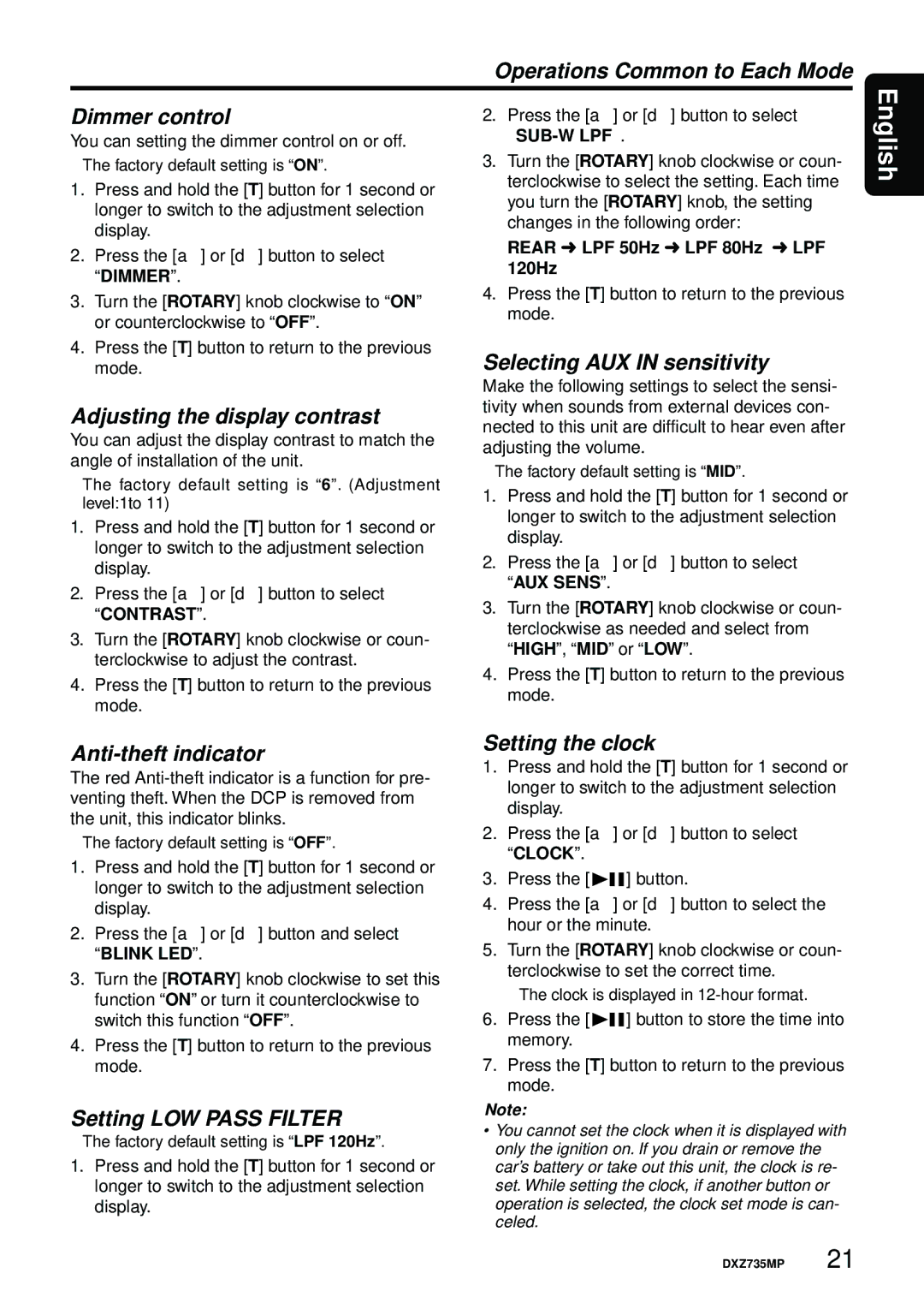 Clarion DXZ735MP Operations Common to Each Mode Dimmer control, Adjusting the display contrast, Anti-theft indicator 