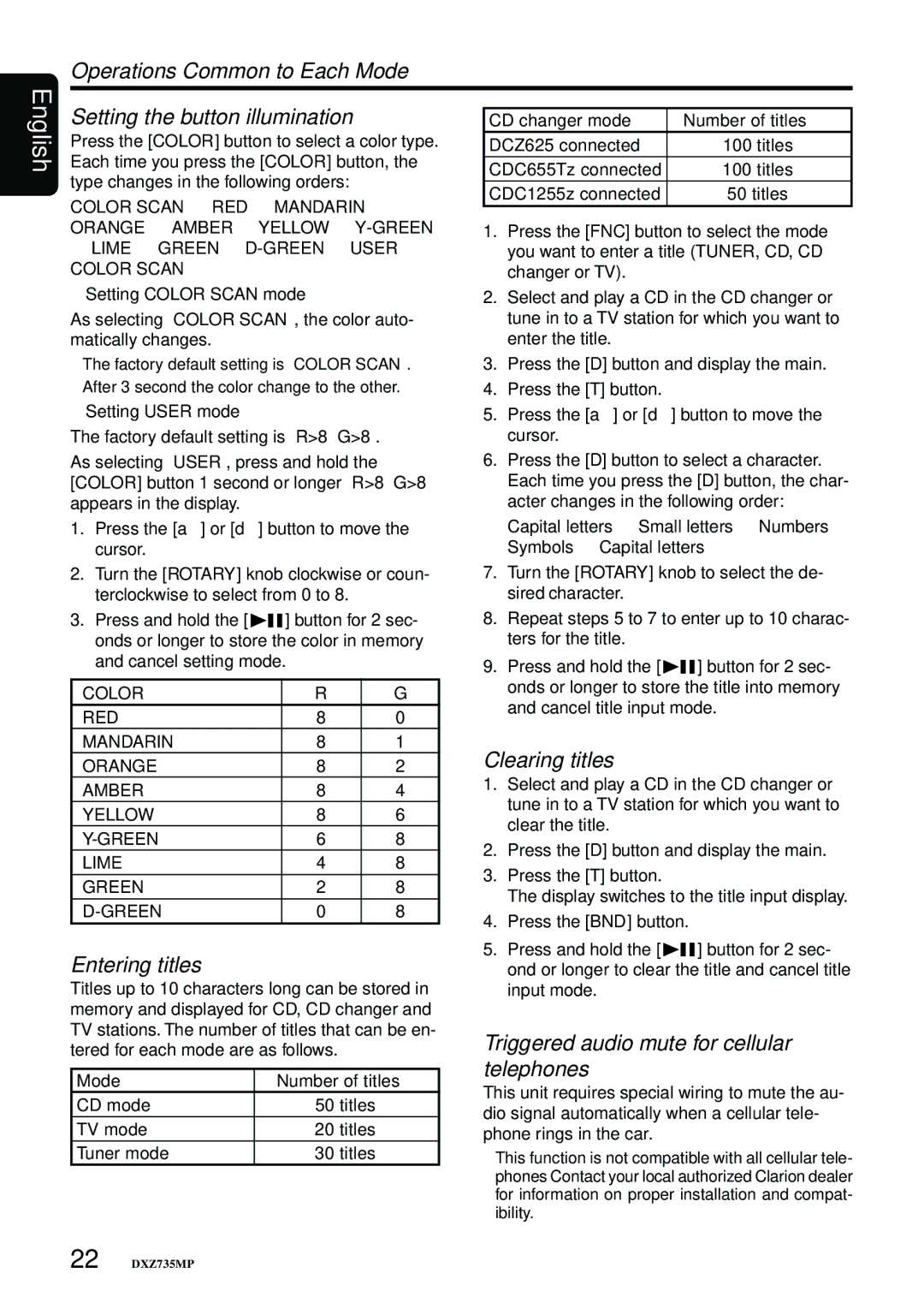 Clarion DXZ735MP Operations Common to Each Mode, Setting the button illumination, Entering titles, Clearing titles 