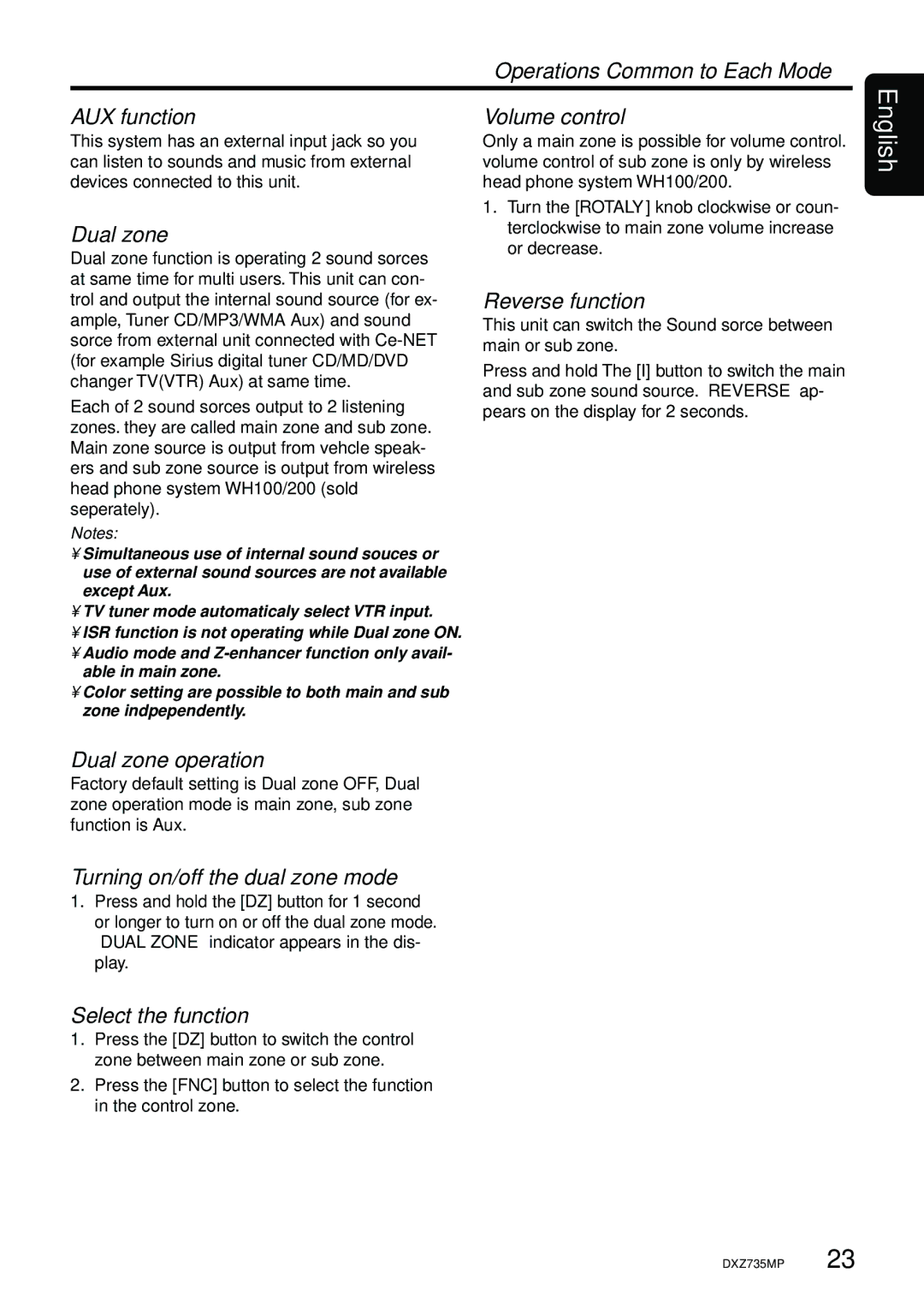 Clarion DXZ735MP owner manual Operations Common to Each Mode AUX function, Reverse function, Dual zone operation 