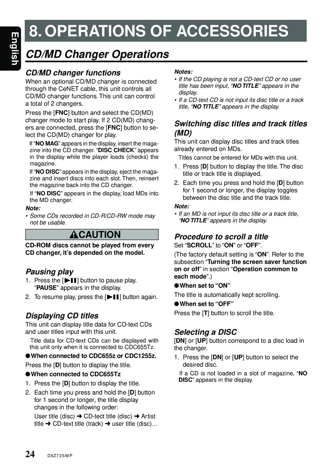 Clarion DXZ735MP owner manual Operations of Accessories, CD/MD Changer Operations 