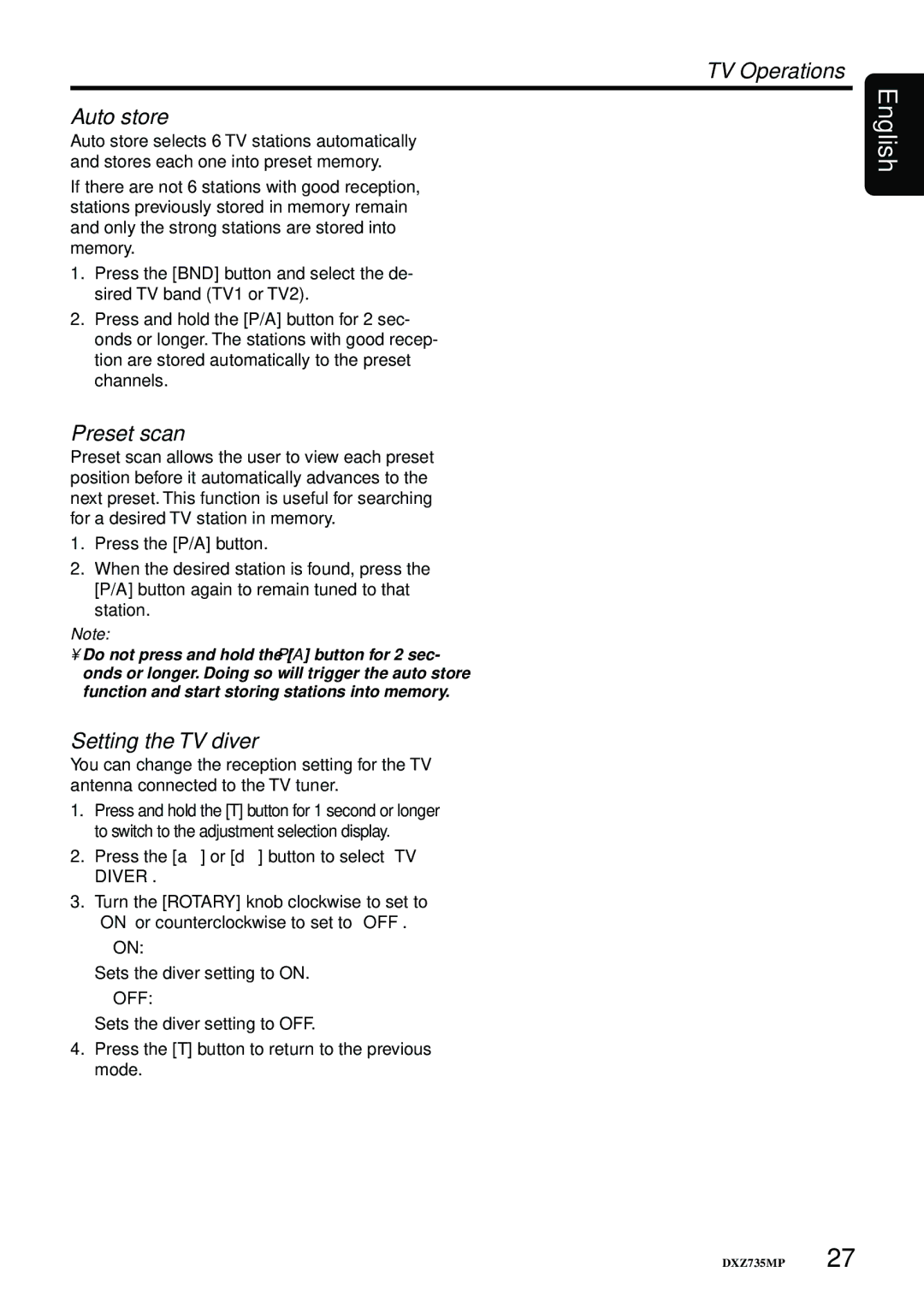 Clarion DXZ735MP owner manual Setting the TV diver, TV Operations, Press the a or d button to select TV Diver 