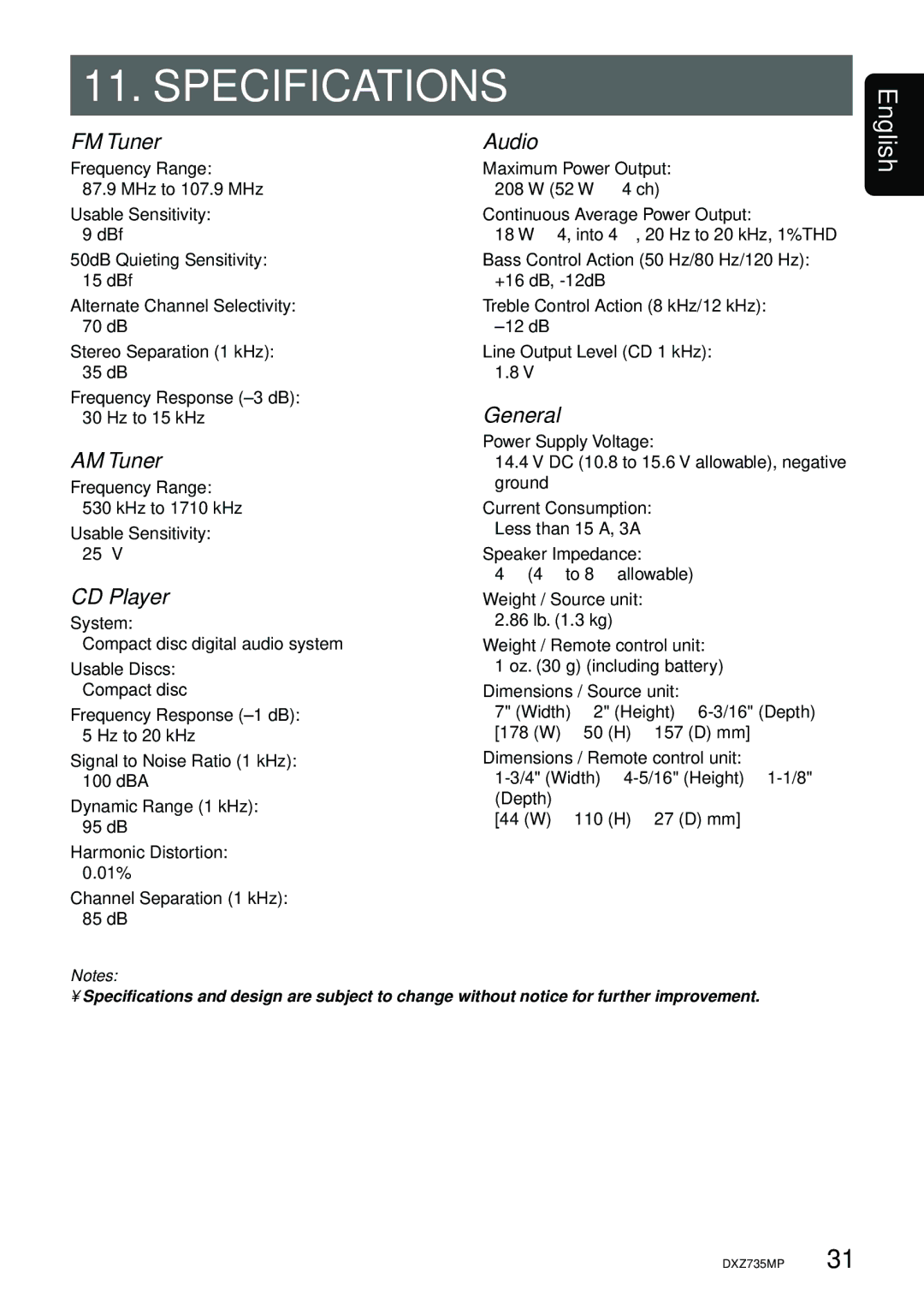 Clarion DXZ735MP owner manual Specifications 