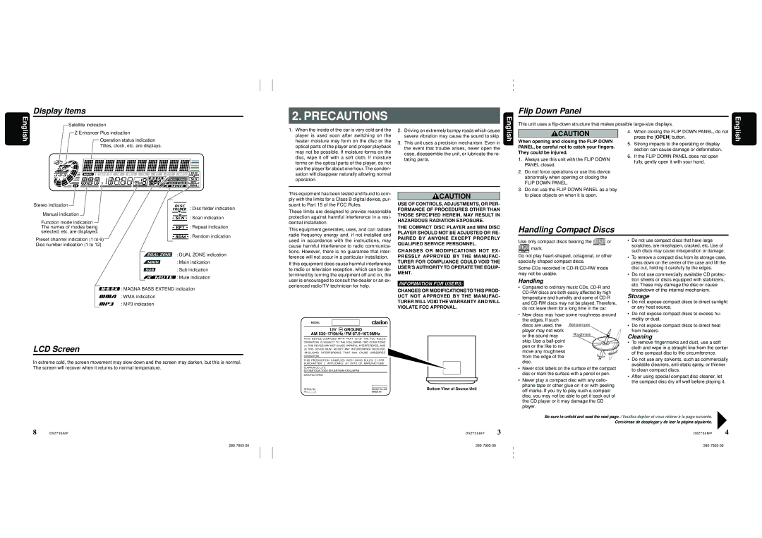 Clarion DXZ735MP owner manual Precautions 