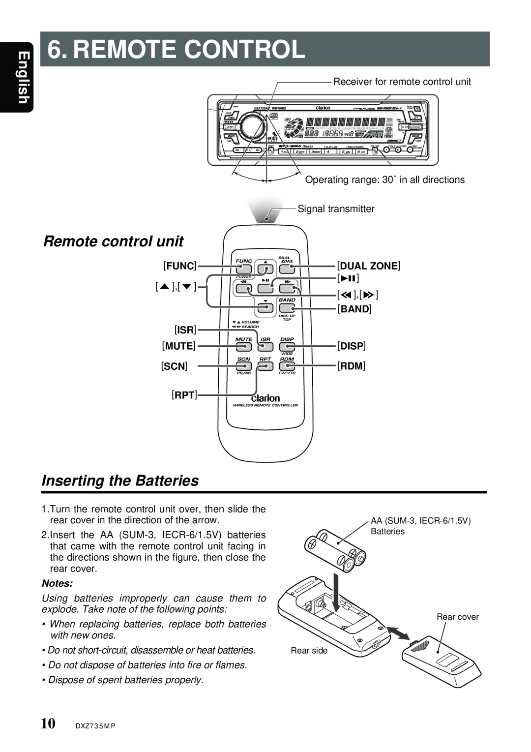 Clarion DXZ735MP owner manual Remote Control, Func, Band, ISR Mute Disp SCN RDM 