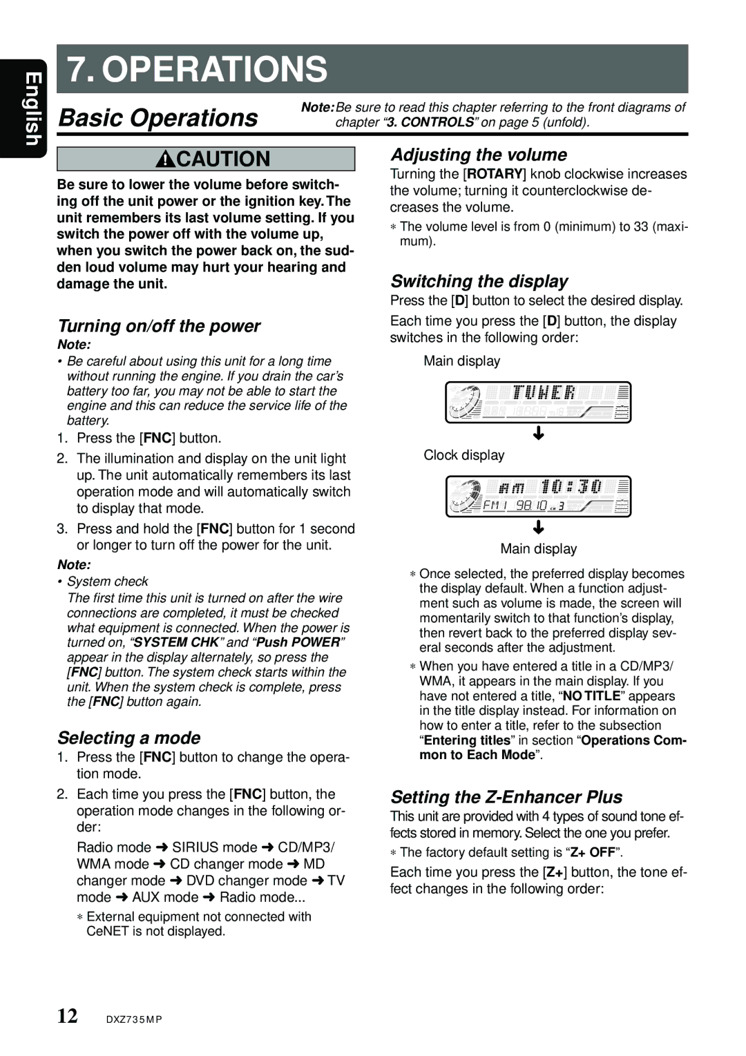 Clarion DXZ735MP owner manual Basic Operations 