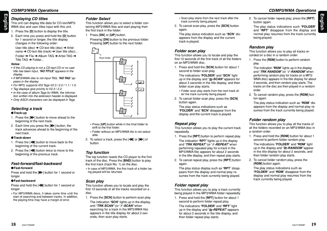 Clarion DXZ735MP Displaying CD titles Folder Select, Selecting a track, Folder scan play, Repeat play, Random play 
