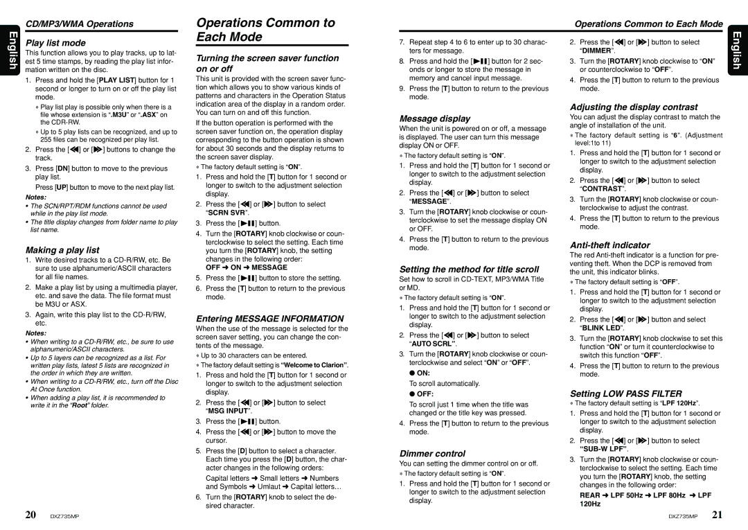 Clarion DXZ735MP owner manual Operations Common to, Each Mode 