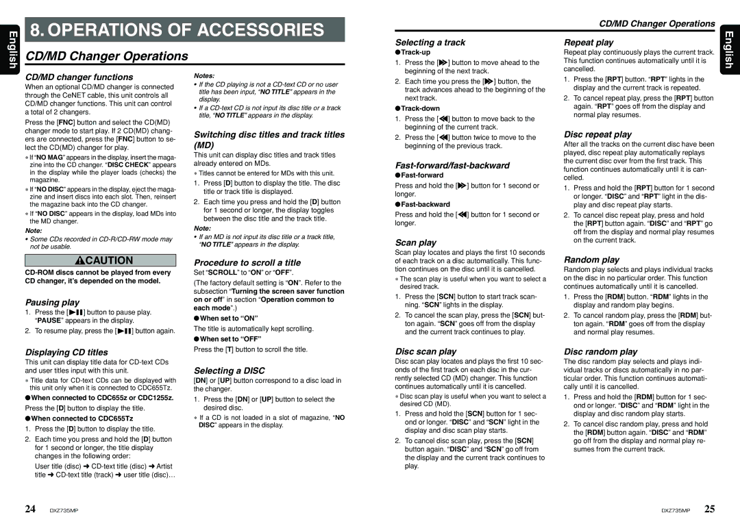 Clarion DXZ735MP owner manual Operations of Accessories, CD/MD Changer Operations 