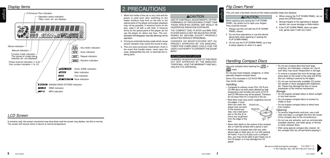 Clarion DXZ735MP owner manual Display Items, Flip Down Panel, Handling Compact Discs, LCD Screen 