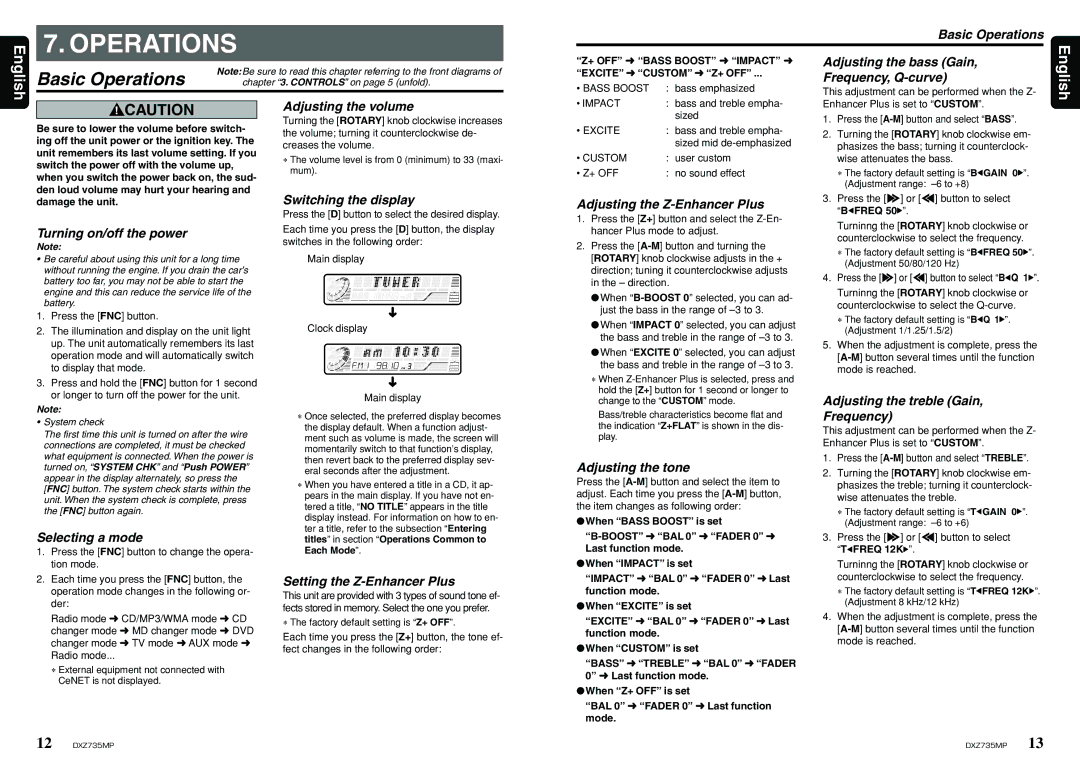 Clarion DXZ735MP owner manual Basic Operations 