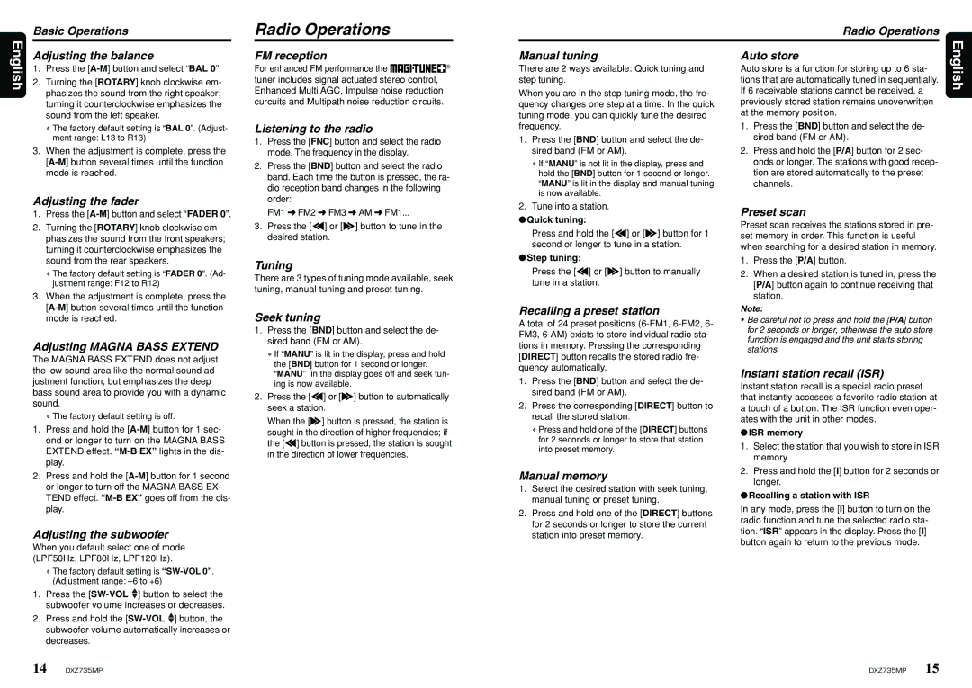 Clarion DXZ735MP owner manual Radio Operations 