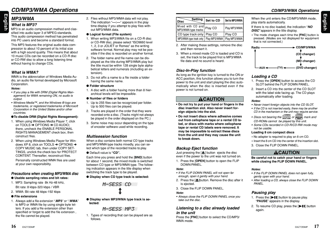 Clarion DXZ735MP owner manual CD/MP3/WMA Operations 