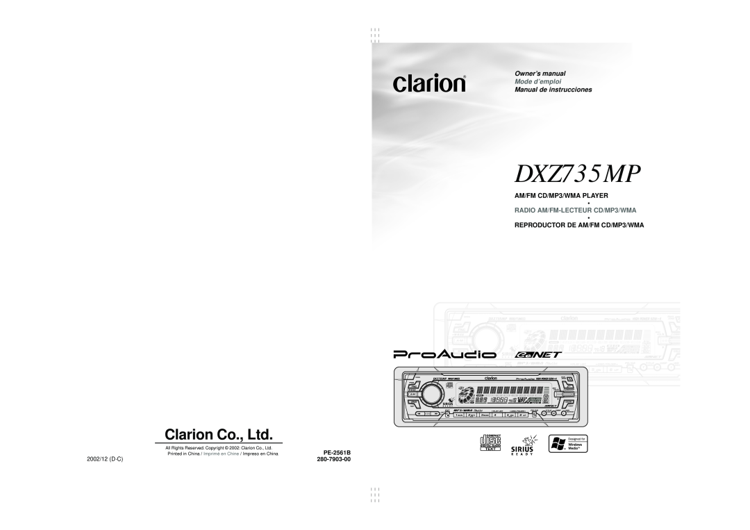 Clarion DXZ735MP owner manual Manual de instrucciones, AM/FM CD/MP3/WMA PLAYER, REPRODUCTOR DE AM/FM CD/MP3/WMA 