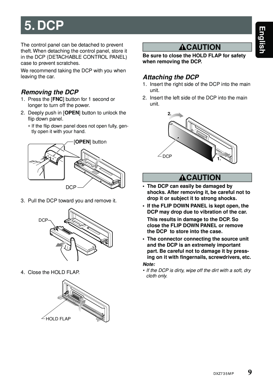 Clarion DXZ735MP owner manual Dcp, Removing the DCP, Attaching the DCP, English, Be sure to close the HOLD FLAP for safety 