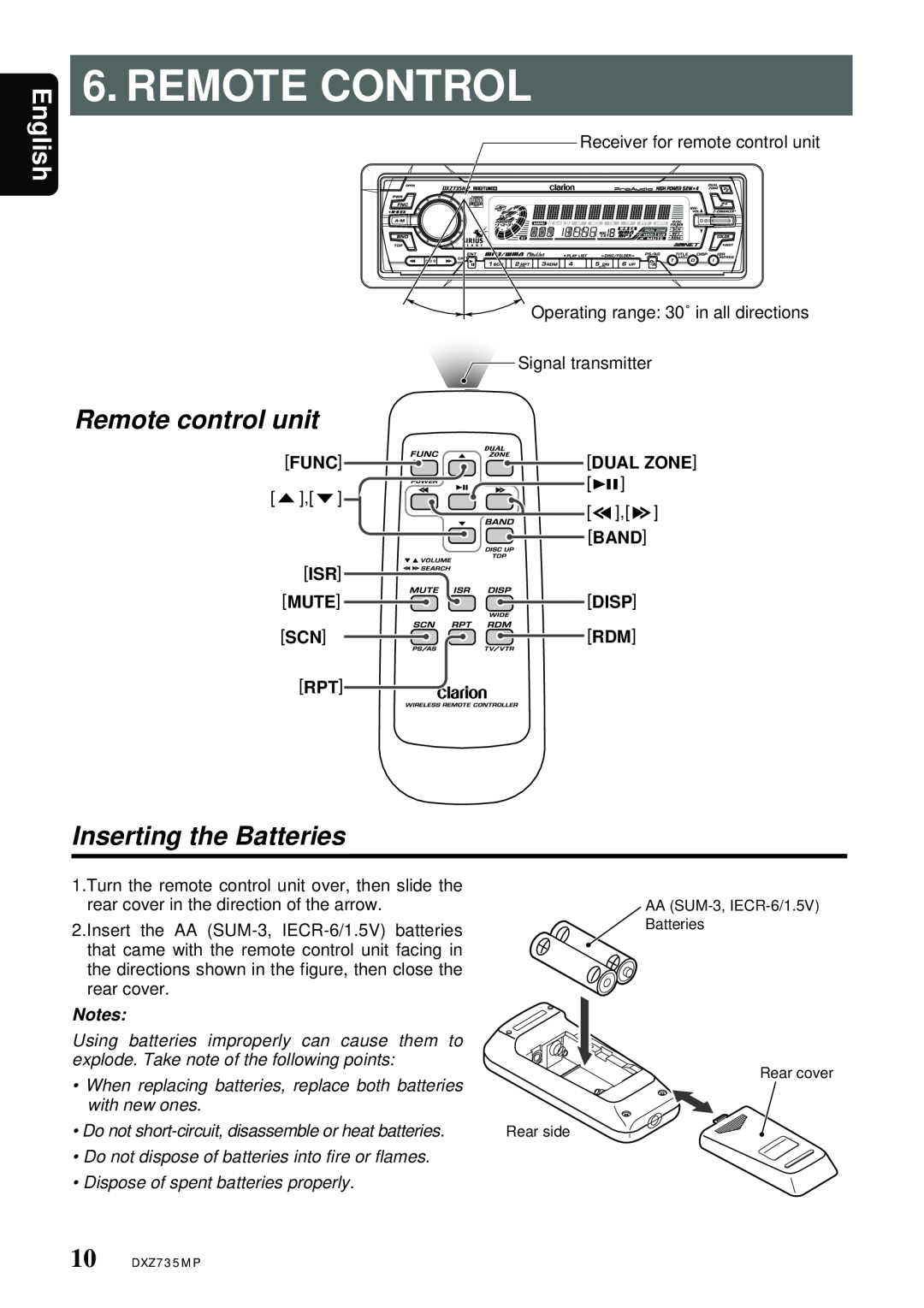 Clarion DXZ735MP Remote Control, Remote control unit, Inserting the Batteries, English, Func, Dual Zone, Band, Mute, Disp 