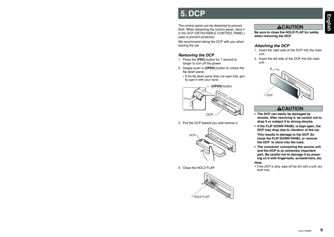 Clarion DXZ735MP owner manual Dcp, English, Removing the DCP, Attaching the DCP 