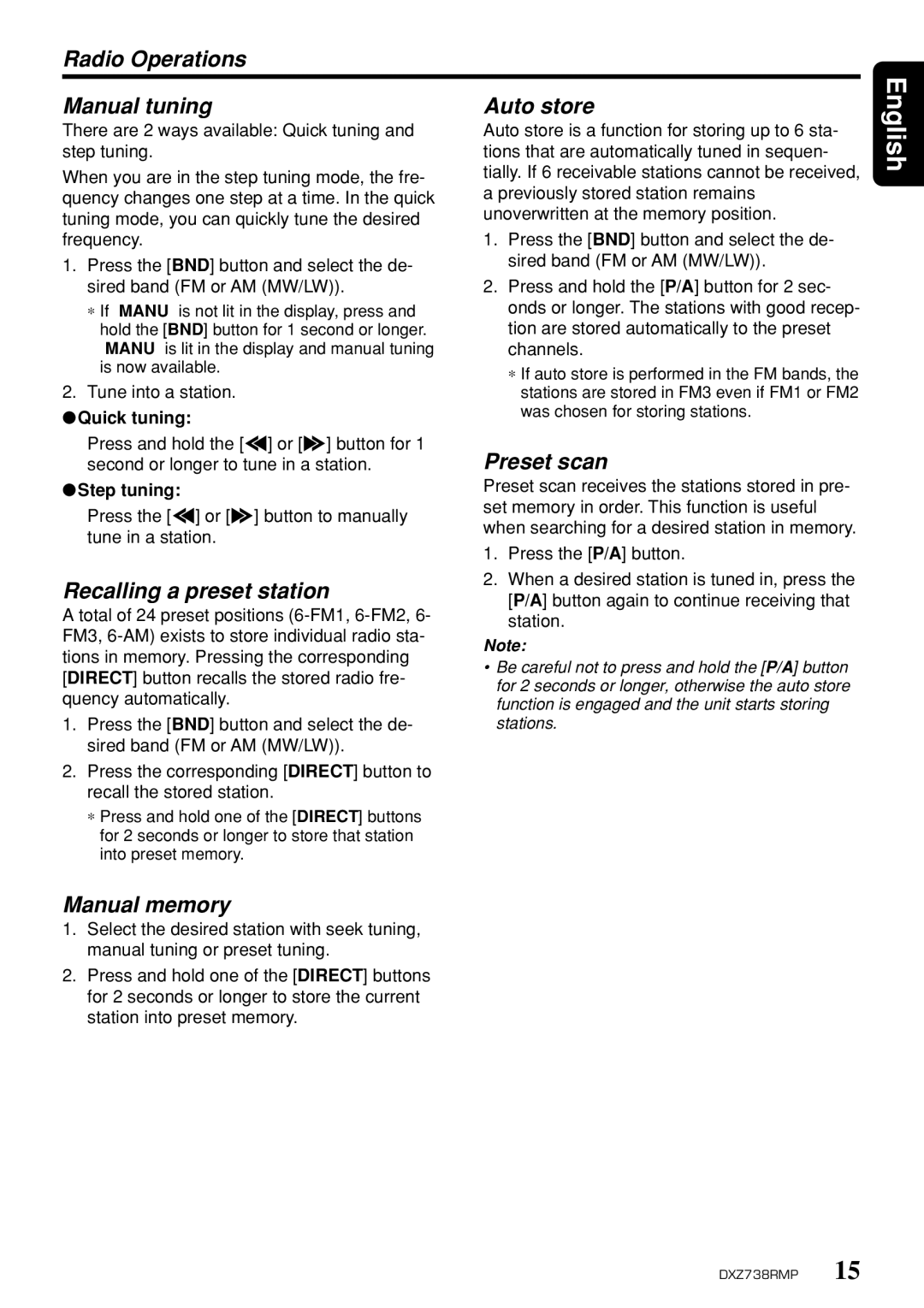 Clarion dxz738rmp Radio Operations Manual tuning Auto store, Preset scan, Recalling a preset station, Manual memory 