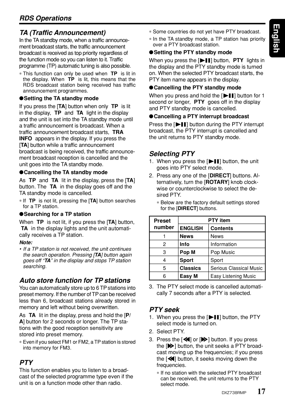 Clarion dxz738rmp RDS Operations TA Traffic Announcement, Selecting PTY, Auto store function for TP stations, PTY seek 