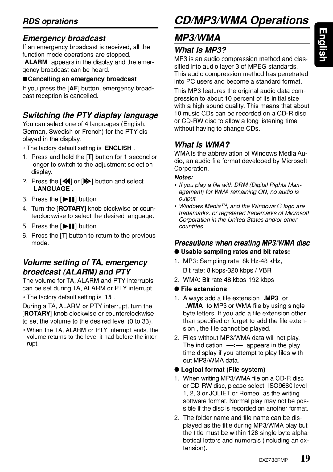 Clarion dxz738rmp owner manual CD/MP3/WMA Operations 