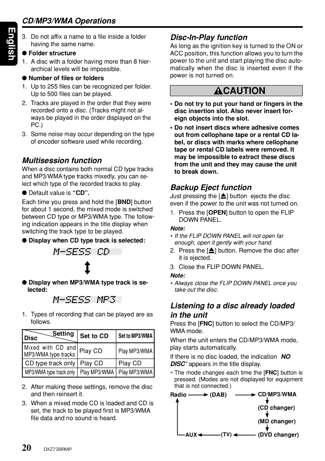 Clarion dxz738rmp owner manual CD/MP3/WMA Operations, Multisession function, Disc-In-Play function, Backup Eject function 